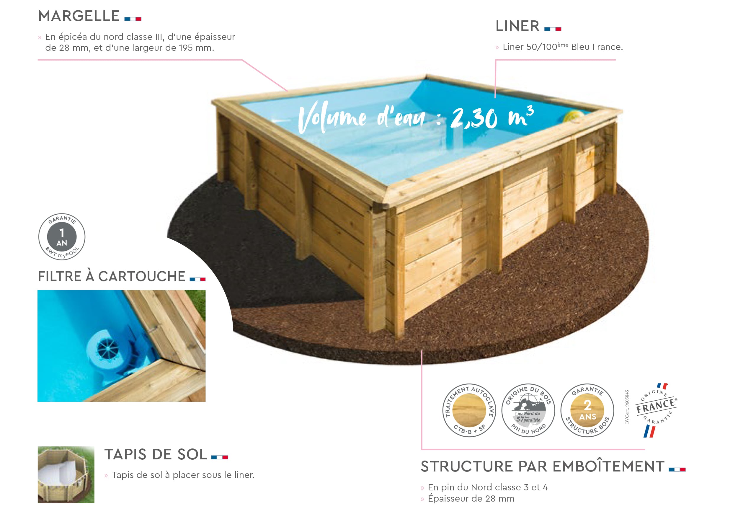 Piscine en bois carrée pour enfant Tropic Junior 2 x 2 m - H 68 cm- Procopi BWT MyPool