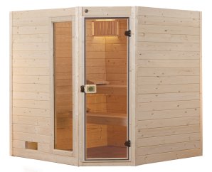 Sauna d'intérieur traditionnel ÖLAND ANGLE+ | 5 places | Poêle compact 6,8 KW | 189 x 189 - H 203 cm