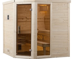 Sauna d'intérieur traditionnel CUBILIS d'angle 1 | 5 places | Poêle 6,8 KW | 195 x 195 - H 203 cm