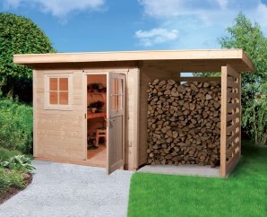 Abri de jardin en bois 170A | 4,7 à 8,5 m² | Bûcher 3 à 4,3 m² | Aspect brut | 28 mm d'épaisseur