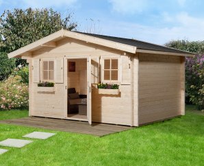 Abri de jardin bois 135 | 10,8 à 13,8 m² | Aspect brut | Avancée de toit 60 cm | 45 mm d'épaisseur