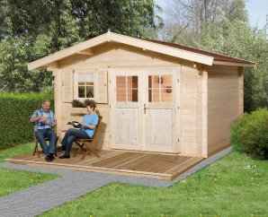 Abri de jardin bois 136 | 10,8 à 13,8 m² | Aspect brut | Avancée de toit 60 cm | 45 mm d'épaisseur