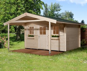 Abri de jardin bois 135A | 10,8 à 13,8 m² | Aspect brut | Avancée de toit 200 cm | 45 mm d'épaisseur