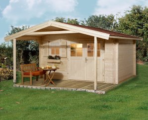 Abri de jardin bois 136A | 10,8 à 13,8 m² | Aspect brut | Avancée de toit 200 cm | 45 mm d'épaisseur