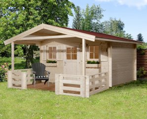 Abri de jardin bois 135B | 10,8 à 13,8 m² | Aspect brut | Avancée de toit 200 cm | 45 mm d'épaisseur