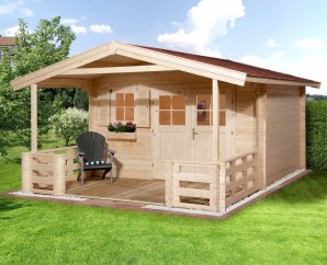 Abri de jardin bois 136B | 10,8 à 13,8 m² | Aspect brut | Avancée de toit 200 cm | 45 mm d'épaisseur