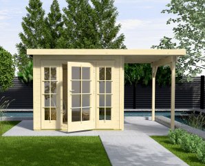 Pool House en bois 172 | 5,4 à 8,5 m² + Auvent 7 à 8 m² | Aspect brut | 21 mm d'épaisseur
