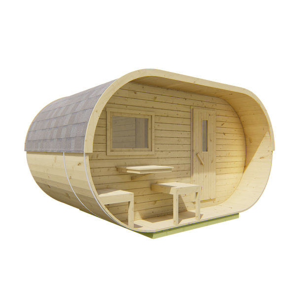 Sauna d'extérieur Tonneau ovale en pin | 4 places | Poêle au choix | 405 x 240 - H 190 cm