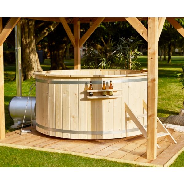 Bain nordique traditionnel en bois d'épicéa | 6 places | Poêle externe en inox