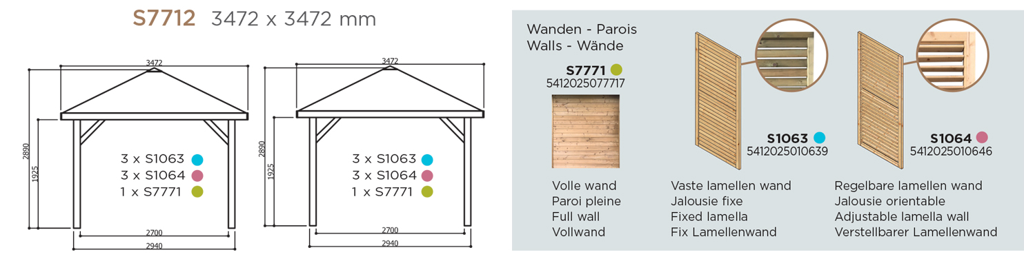 Pavillon de jardin 3,472 x 3,472 m S7712 – SOLID