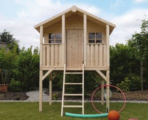 Maisonnette en bois pour enfant sur pilotis | 180 x 190 cm | Bois brut | 16 mm d'épaisseur