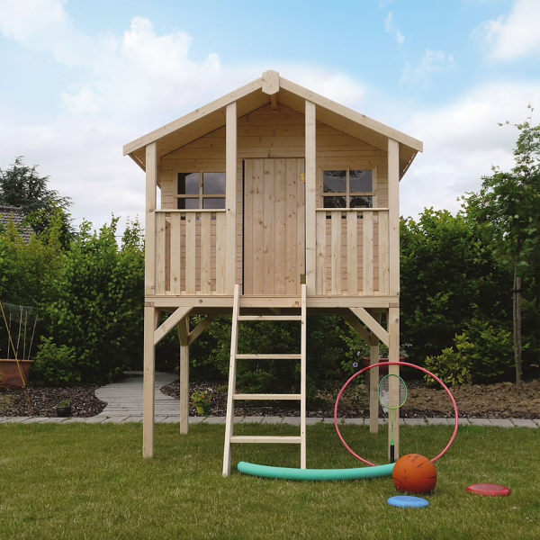 Maisonnette en bois pour enfant sur pilotis | 180 x 190 cm | Bois brut | 16 mm d'épaisseur