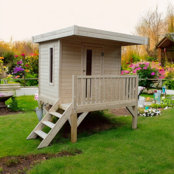 Maisonnette en bois pour enfant sur pilotis | 180 x 180 cm | Bois brut | 16 mm d'épaisseur