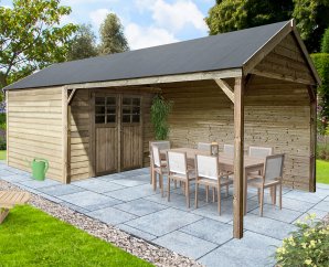 Abri de jardin en bois CAMBRAI | 296 x 296 cm + Auvent 396 cm  | Bois autoclave | 19 mm d'épaisseur