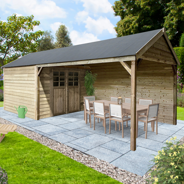 Abri de jardin en bois CAMBRAI | 296 x 296 cm + Auvent 396 cm  | Bois autoclave | 19 mm d'épaisseur