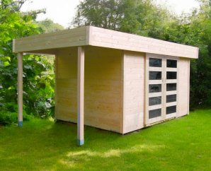 Abri de jardin en bois LARVIK | 333 x 245 cm + Auvent 121 cm | Bois brut | 28 mm d'épaisseur