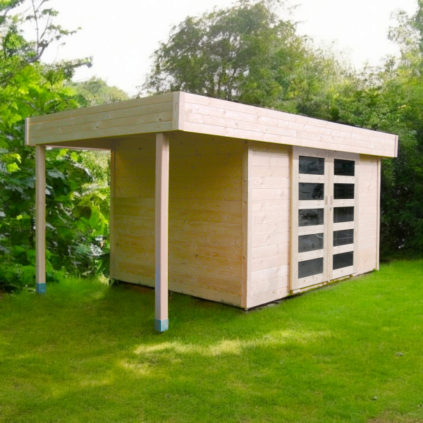 Abri de jardin en bois LARVIK | 333 x 245 cm + Auvent 121 cm | Bois brut | 28 mm d'épaisseur