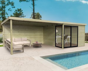 Abri de jardin en bois SAGRES | 303 x 303 cm + Auvent 394 cm | Bois autoclave | 28 mm d'épaisseur