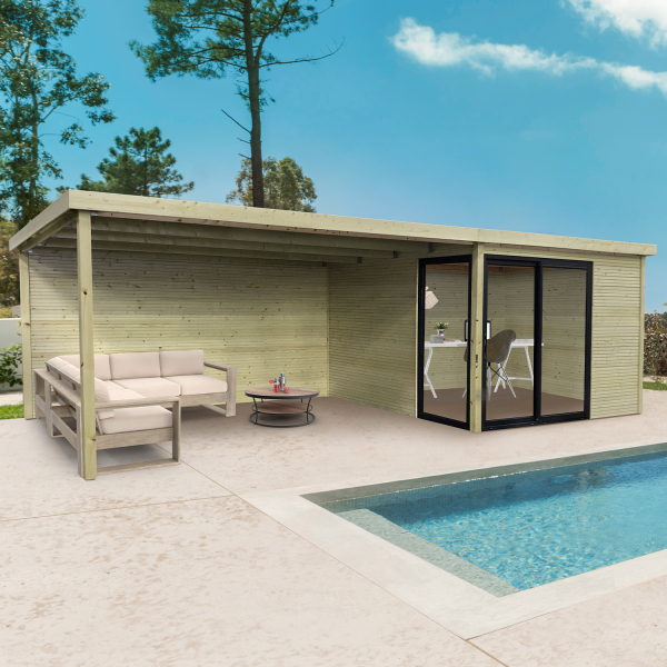 Abri de jardin en bois SAGRES | 303 x 303 cm + Auvent 394 cm | Bois autoclave | 28 mm d'épaisseur