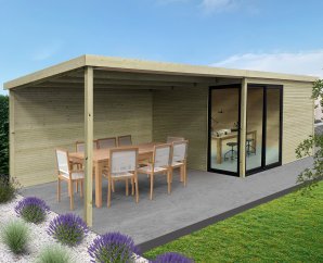 Abri de jardin en bois TAVIRA | 403 x 303 cm + Auvent 394 cm | Bois autoclave | 28 mm d'épaisseur