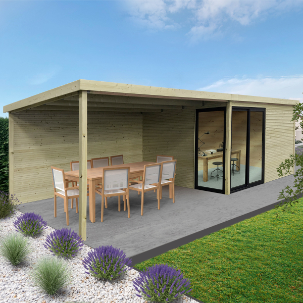 Abri de jardin en bois TAVIRA | 403 x 303 cm + Auvent 394 cm | Bois autoclave | 28 mm d'épaisseur