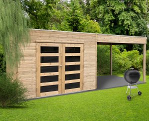 Abri de jardin en bois SALERNO | 298 x 198 cm + Auvent 292 cm  | Bois autoclave | 19 mm d'épaisseur