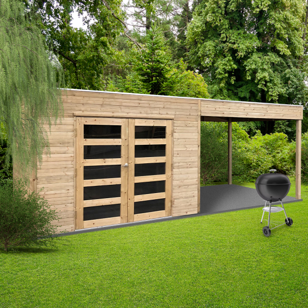Abri de jardin en bois SALERNO | 298 x 198 cm + Auvent 292 cm  | Bois autoclave | 19 mm d'épaisseur