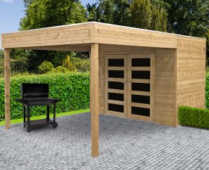 Abri de jardin en bois POTENZA | 298 x 198 cm + Auvent 297 cm  | Bois autoclave | 19 mm d'épaisseur