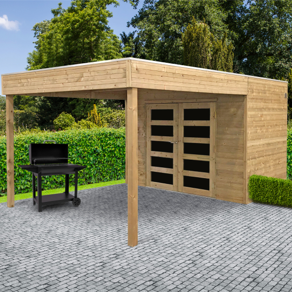 Abri de jardin en bois POTENZA | 298 x 198 cm + Auvent 297 cm  | Bois autoclave | 19 mm d'épaisseur
