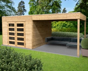 Abri de jardin en bois TARENTO | 298 x 290 cm + Auvent 287 cm  | Bois autoclave | 19 mm d'épaisseur