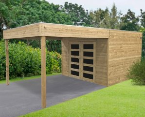 Abri de jardin en bois MATERA | 290 x 298 cm + Auvent 287 cm  | Bois autoclave | 19 mm d'épaisseur