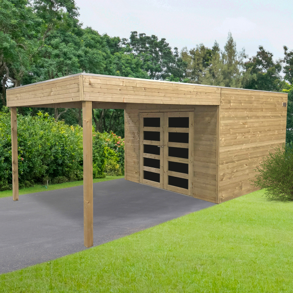 Abri de jardin en bois MATERA | 290 x 298 cm + Auvent 287 cm  | Bois autoclave | 19 mm d'épaisseur