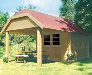 Abri de jardin en bois CORK | 298 x 298 cm + Auvent 265 cm | Bois brut | 28 mm d'épaisseur