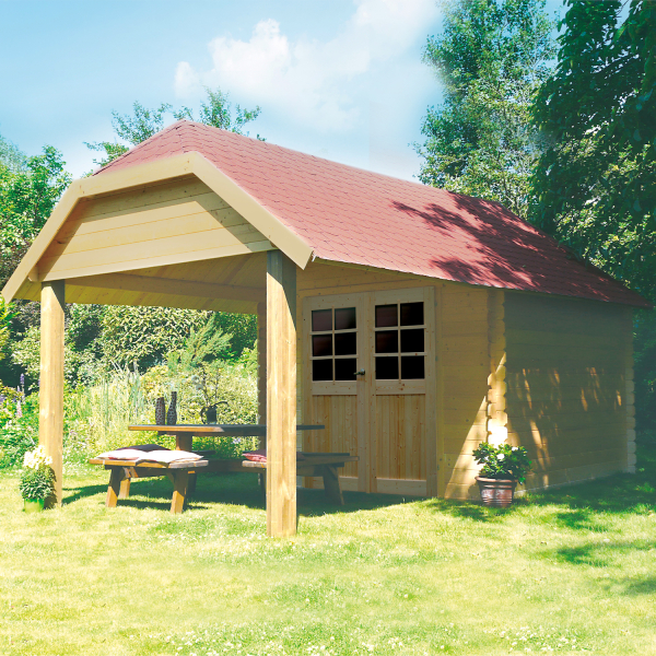 Abri de jardin en bois CORK | 298 x 298 cm + Auvent 265 cm | Bois brut | 28 mm d'épaisseur