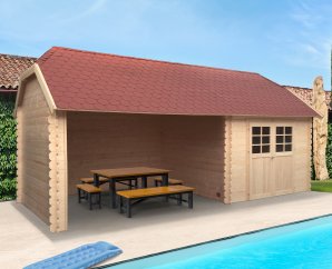 Abri de jardin en bois YORK | 298 x 298 cm + Auvent 364 cm | Bois brut | 28 mm d'épaisseur