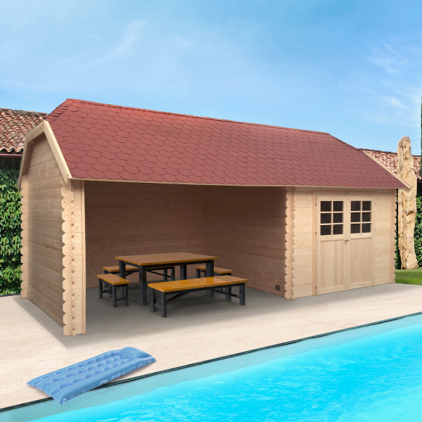 Abri de jardin en bois YORK | 298 x 298 cm + Auvent 364 cm | Bois brut | 28 mm d'épaisseur