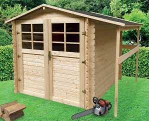 Abri de jardin en bois avec bûcher | 198 x 198 cm + 50 cm | Bois brut | 19 mm d'épaisseur