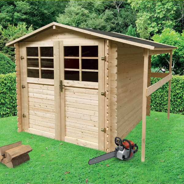 Abri de jardin en bois avec bûcher | 198 x 198 cm + 50 cm | Bois brut | 19 mm d'épaisseur