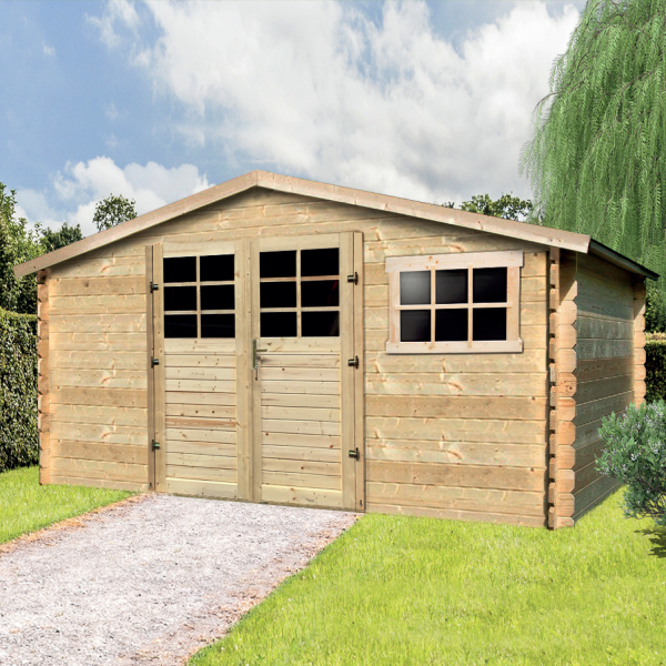 Abri de jardin en bois | 388 x 298 cm | Bois brut | 28 mm d'épaisseur