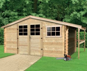 Abri de jardin en bois avec bûcher | 388 x 298 cm + 60 cm | Bois brut | 28 mm d'épaisseur