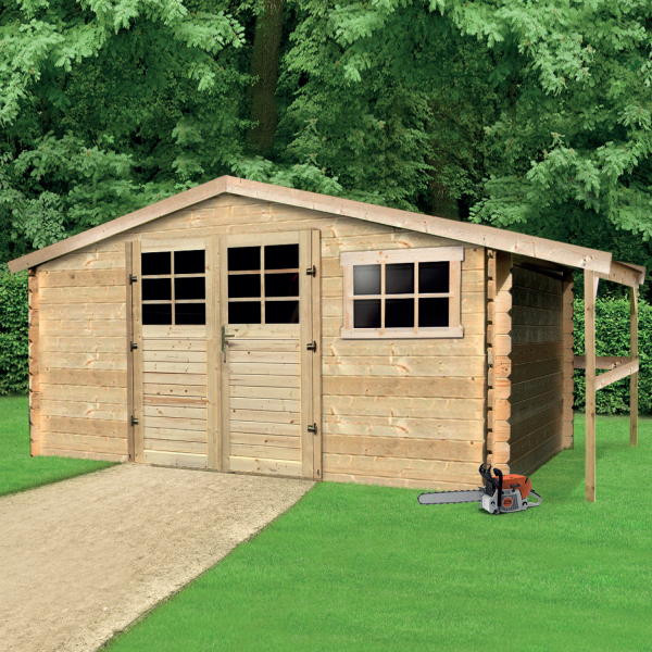 Abri de jardin en bois avec bûcher | 388 x 298 cm + 60 cm | Bois brut | 28 mm d'épaisseur