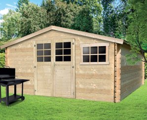 Abri de jardin en bois | 418 x 388 cm | Bois brut | 28 mm d'épaisseur