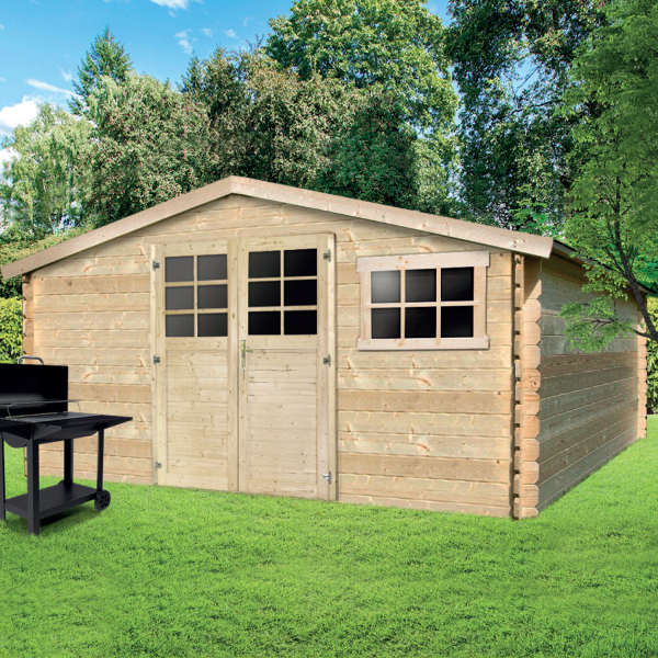 Abri de jardin en bois | 418 x 388 cm | Bois brut | 28 mm d'épaisseur