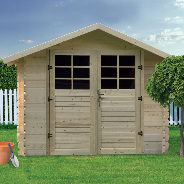 Abri de jardin en bois double porte | 298 x 298 cm | Bois brut | 28 mm d'épaisseur