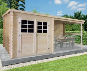 Abri de jardin en bois | 238 x 238 cm + auvent 274 cm | Bois brut | 28 mm d'épaisseur