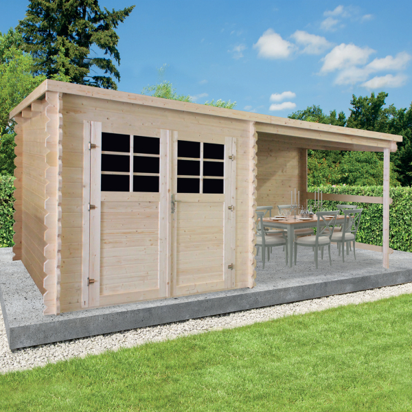 Abri de jardin en bois | 238 x 238 cm + auvent 274 cm | Bois brut | 28 mm d'épaisseur