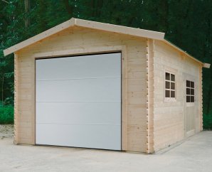 Garage en bois porte sectionnelle motorisée | 358 x 508 cm | Bois brut | 28 mm d'épaisseur