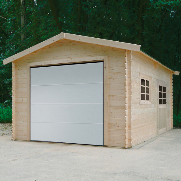 Garage en bois porte sectionnelle motorisée | 358 x 508 cm | Bois brut | 28 mm d'épaisseur