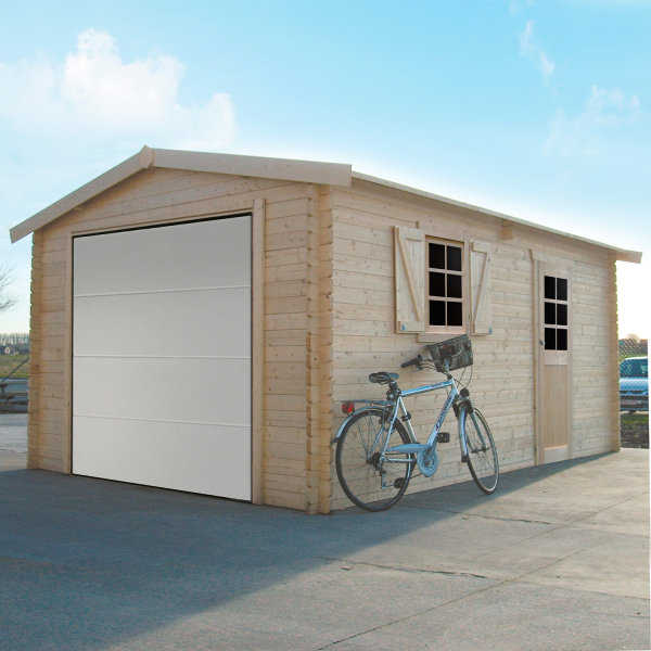 Garage en bois porte sectionnelle motorisée | 358 x 538 cm | Bois brut | 40 mm d'épaisseur