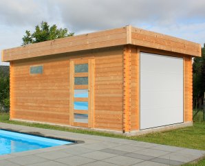 Garage en bois porte sectionnelle motorisée | 358 x 538 cm | Bois brut | 40 mm d'épaisseur